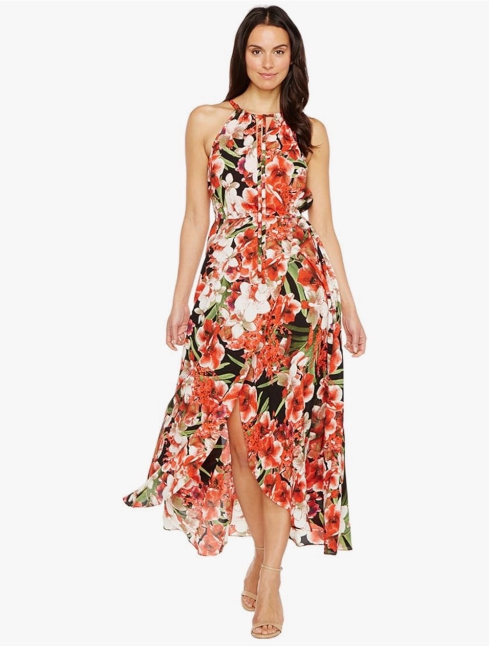 Signature by Sangria Floral Maxi Dress in Coral, Green & Black
